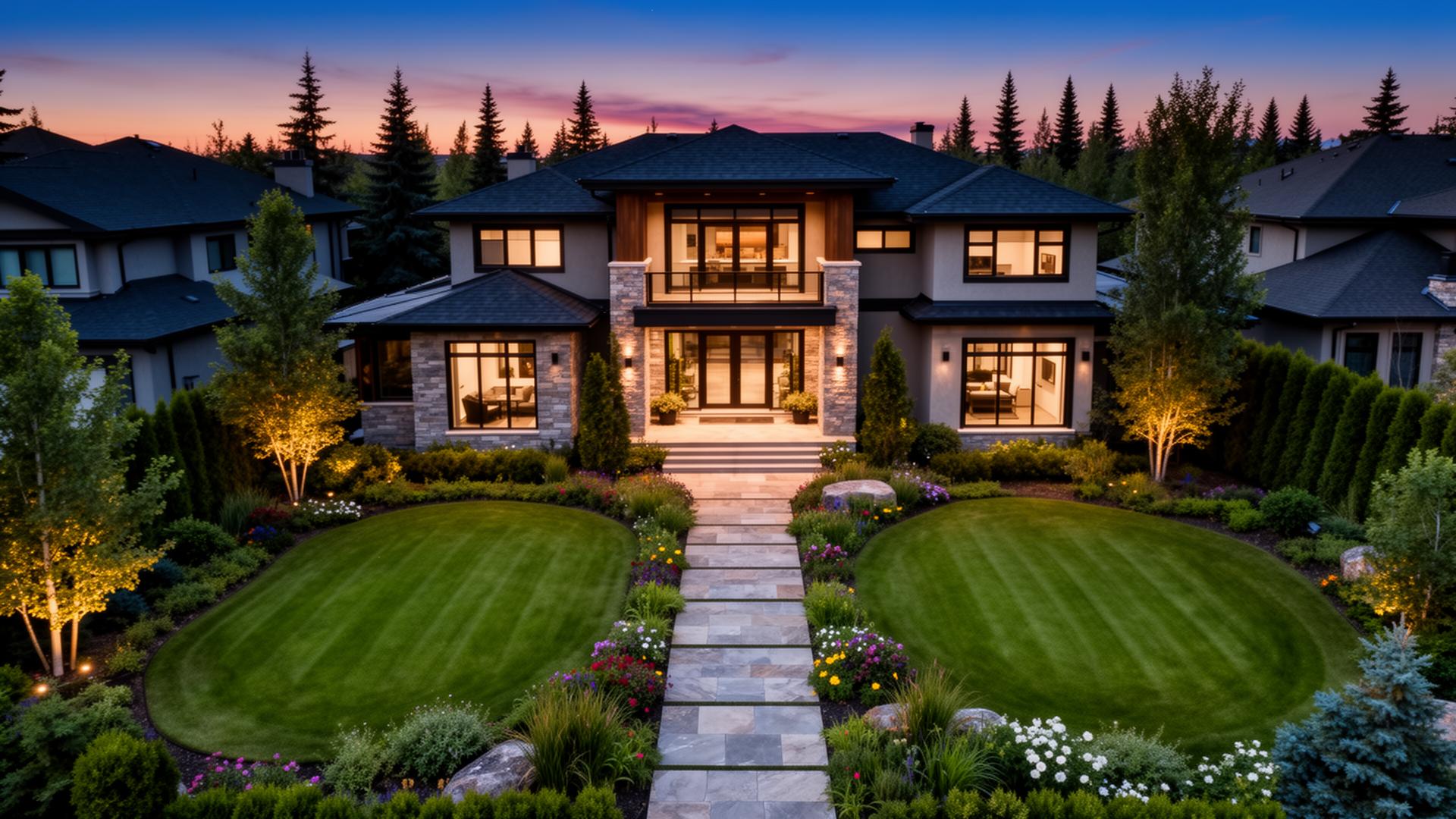Luxury Vancouver home with custom landscaping at twilight